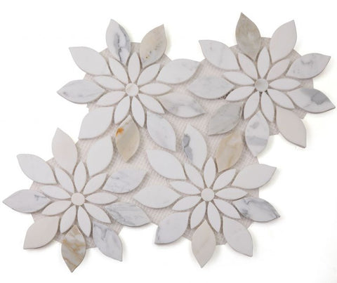 Aster Bloom Calacatta Polished Flower Marble Mosaic Tile