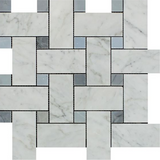 Carrara White Marble Honed Large Basketweave Mosaic Tile w/ Blue-Gray Dots