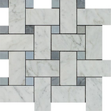 Carrara White Marble Honed Large Basketweave Mosaic Tile w/ Blue-Gray Dots