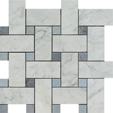 Carrara White Marble Polished Large Basketweave Mosaic Tile w/ Blue-Gray Dots