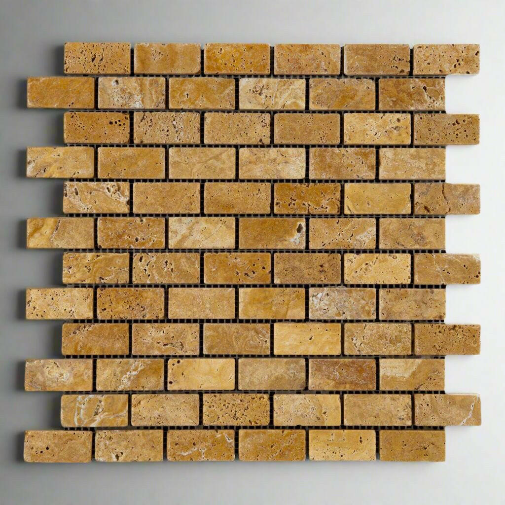 1 X 2 Gold / Yellow Travertine Tumbled Brick Mosaic Tile-Travertine Mosaic-American Tile Depot