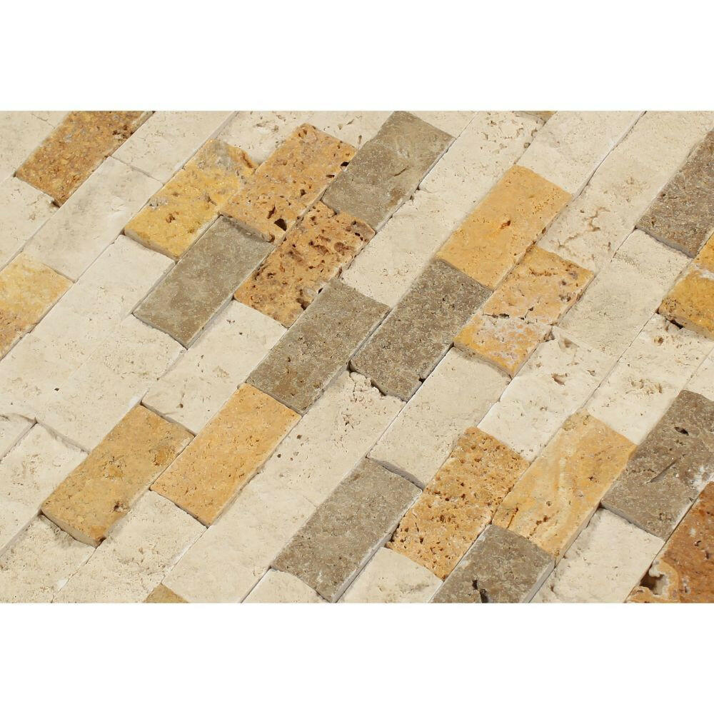 1 X 2 Mixed Travertine Split-Faced Brick Mosaic Tile-Travertine Mosaic-American Tile Depot