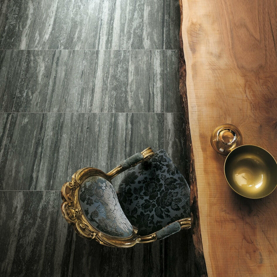 24 X 48 I-Travertini Black Glossy Travertine Look Porcelain Tile