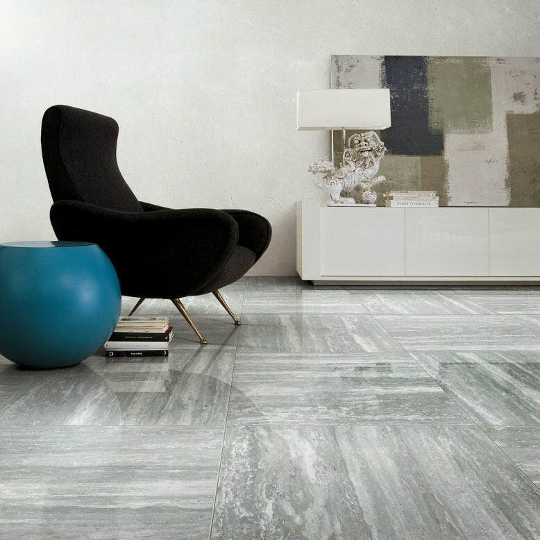 24 X 48 I-Travertini Grey Glossy Travertine Look Porcelain Tile