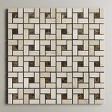 Crema Marfil Marble Honed Pinwheel Mosaic Tile w/ Emperador Dark Dots