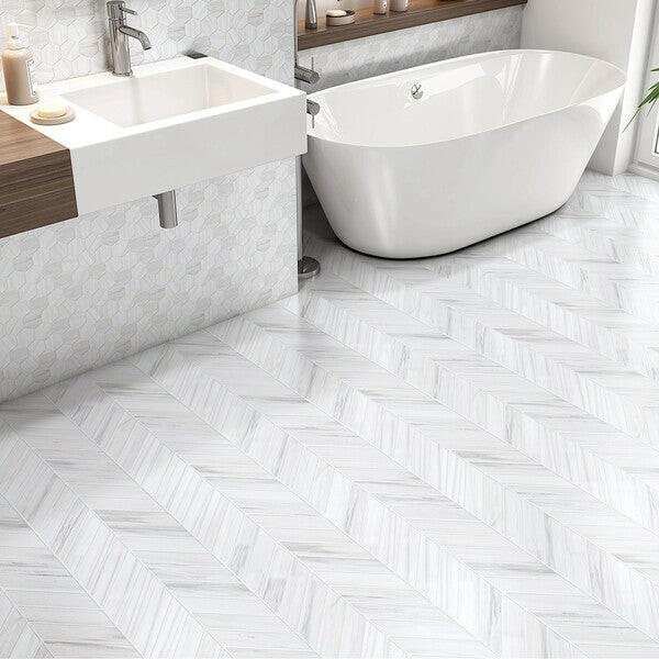 1×4 Bianco Dolomite Polished Herringbone Marble Mosaic Tile-Marble Mosaic-American Tile Depot