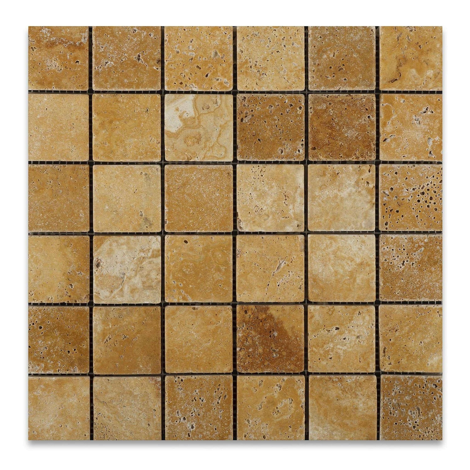 2 X 2 Gold / Yellow Travertine Tumbled Mosaic Tile-Travertine Mosaic-American Tile Depot