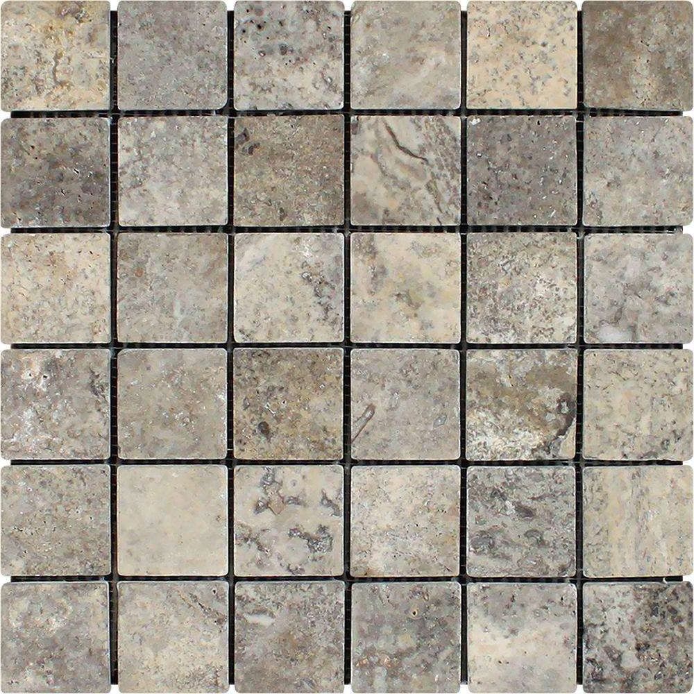 2 X 2 Silver Travertine Tumbled Mosaic Tile-Travertine Mosaic-American Tile Depot