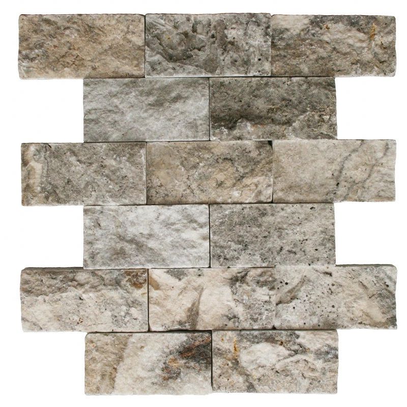 2 X 4 Silver Travertine Split-Faced Brick Mosaic Tile-Travertine Mosaic-American Tile Depot