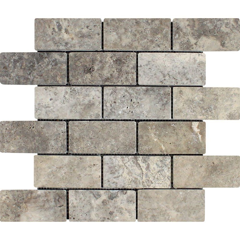 2 X 4 Silver Travertine Tumbled Mosaic Tile-Travertine Mosaic-American Tile Depot