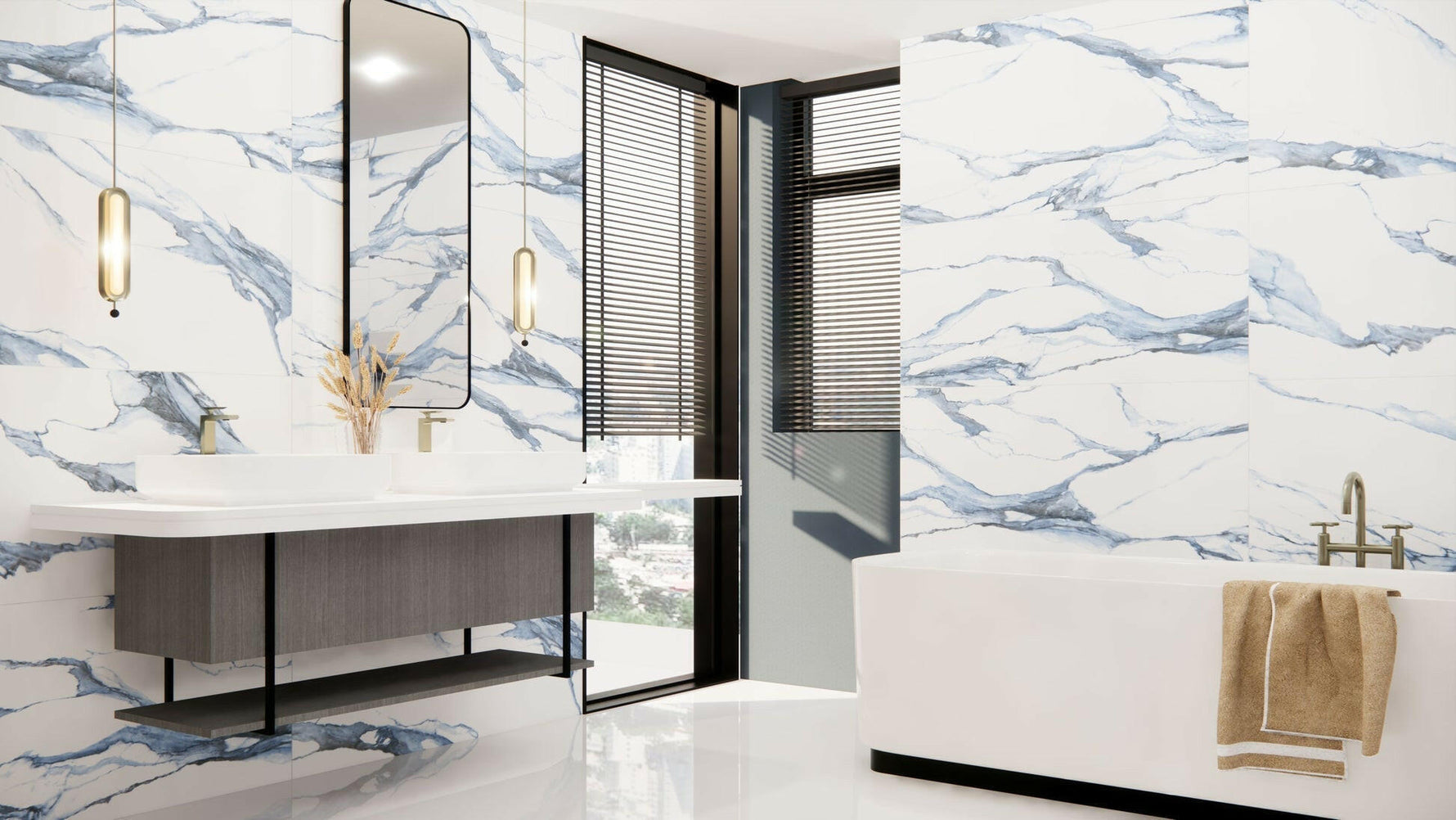 24 X 48 Statuario Blue Polished Marble Look Porcelain Tile-Porcelain Tile Large Formate-American Tile Depot