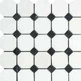 Thassos White Marble Honed Octagon Mosaic Tile w/ Black Dots