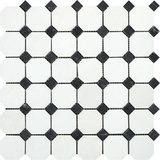 Thassos White Marble Polished Octagon Mosaic Tile w/ Black Dots