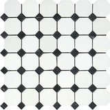 Thassos White Marble Honed Octagon Mosaic Tile w/ Black Dots