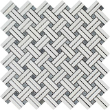 Thassos White Marble Honed Stanza Basketweave Mosaic Tile w/ Blue-gray Dots