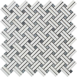 Thassos White Marble Honed Stanza Basketweave Mosaic Tile w/ Blue-gray Dots