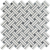 Thassos White Marble Polished Stanza Basketweave Mosaic Tile w/ Blue-gray Dots