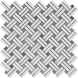 Thassos White Marble Honed Stanza Basketweave Mosaic Tile w/ Blue-gray Dots