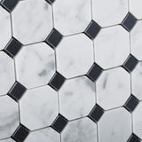 Carrara White Marble Polished Octagon Mosaic Tile w/ Black Dots