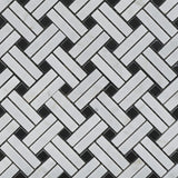 Carrara White Marble Honed Stanza Basketweave Mosaic Tile w/ Black Dots