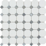 Thassos White Marble Polished Octagon Mosaic Tile w/ Blue Gray Dots