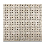 Crema Marfil Marble Polished Basketweave Mosaic Tile w/ Emperador Dark Dots