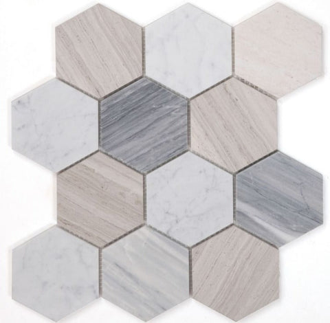 4" Beehive Blue Large Polished Hexagon Marble Mosaic Tile