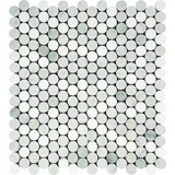 Thassos White Marble Honed Penny Round Mosaic Tile w/ Ming Green Dots