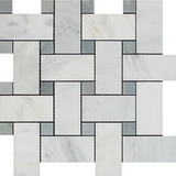 Oriental White / Asian Statuary Marble Polished Large Basketweave Mosaic Tile w / Blue Gray Dots