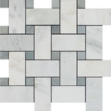 Oriental White / Asian Statuary Marble Honed Large Basketweave Mosaic Tile w / Blue Gray Dots