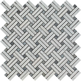 Carrara White Marble Polished Stanza Basketweave Mosaic Tile w/ Blue Gray Dots