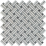 Carrara White Marble Honed Stanza Basketweave Mosaic Tile w/ Blue Gray Dots