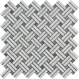 Carrara White Marble Honed Stanza Basketweave Mosaic Tile w/ Blue Gray Dots