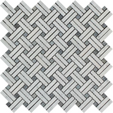 Carrara White Marble Honed Stanza Basketweave Mosaic Tile w/ Blue Gray Dots