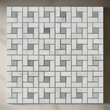 Carrara White Marble Polished Pinwheel Mosaic Tile w/ Blue-Gray Dots