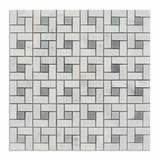 Carrara White Marble Polished Pinwheel Mosaic Tile w/ Blue-Gray Dots