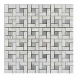 Carrara White Marble Polished Pinwheel Mosaic Tile w/ Blue-Gray Dots