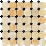 Honey Onyx Polished Octagon Mosaic Tile w / Black Dots