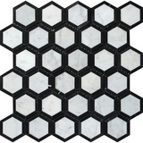 Carrara White Marble Polished 2" Vortex Hexagon Mosaic Tile w / Black