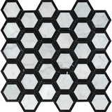 Carrara White Marble Polished 2" Vortex Hexagon Mosaic Tile w / Black