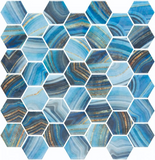 Phoenix Marbling Blue Polished Hexagon Glass Mosaic Tile