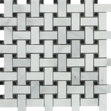 Bianco Venatino (Bianco Mare) Marble Polished Basketweave Mosaic Tile w/ Black Dots