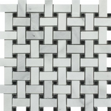 Bianco Venatino (Bianco Mare) Marble Polished Basketweave Mosaic Tile w/ Black Dots