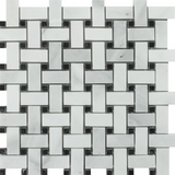 Bianco Venatino (Bianco Mare) Marble Polished Basketweave Mosaic Tile w/ Black Dots