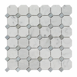 Carrara White Marble Polished Octagon Mosaic Tile w/ Blue-Gray Dots