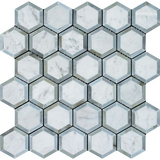 Carrara White Marble Polished 2" Vortex Hexagon Mosaic Tile w / Blue Gray