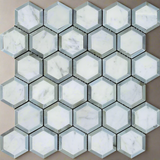 Carrara White Marble Honed 2" Vortex Hexagon Mosaic Tile w / Blue Gray