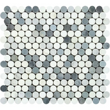 Oriental White / Asian Statuary Marble Honed Penny Round Mosaic Tile w / Blue Gray Dots-Marble Mosaic-American Tile Depot