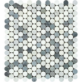 Oriental White / Asian Statuary Marble Polished Penny Round Mosaic Tile w / Blue Gray Dots