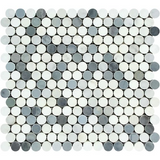 Oriental White / Asian Statuary Marble Polished Penny Round Mosaic Tile w / Blue Gray Dots